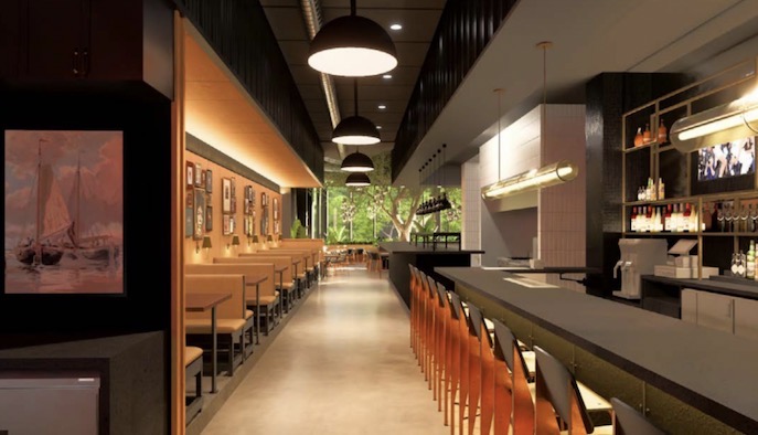 Sally's Apizza bar and counter seating area in Norwalk, CT